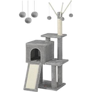 FEANDREA Tiragraffi per Gatti, Albero per Gatti, Grotta per Gattini Micini, Diversi Livelli di Peluche, 42 x 32 x 118 cm, Graffitoio, 3 Bastoncini Pompom Rimovibili, Grigio Chiaro PCT143W01