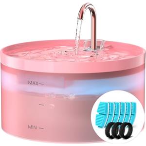 BEMOONY Rosa Fontanella per Gatti, 6 Pezzi Filtro + 3 Pezzi di Spugna, 3.2L Fontana per Gatti, Fontanella per Cani Pompa Ultra-Silenziosa con Luce Led, Filtraggio Profondo, Serbatoio Dell'Acqua Traslucido