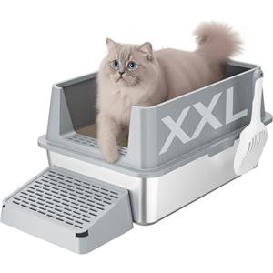 Lifewit Lettiera per Gatti in Acciaio Inox, Aperta, 60,5 x 40,7 x 17,5 cm, con Pala e Pedale, XXL, Senza Coperchio, per Gatti, per Soggiorno, Camera da Letto, Grigio