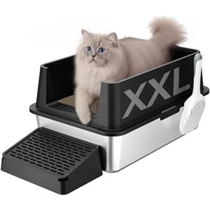 Lifewit Lettiera per Gatti in Acciaio Inox, Aperta, 60,5 x 40,7 x 17,5 cm, con Pala e Pedale, XXL, Senza Coperchio, per Gatti, per Soggiorno, Camera da Letto, Nero