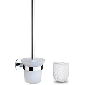 GERUIKE Scopino WC da Parete con Porta Scopino per WC Senza Foratura Acciaio Inox Argento Cromo Contiene 2 Testina per Scopino Bianco e Portascopino in Vetro per Bagno