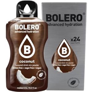 Bolero Drink 24 Bustine 3 gr grammi Sticks Frutta Preparato Polvere Solubile Per Bevanda Fresca in Acqua Prodotto, 72 grammi dolcificato alla stevia (Coconut)