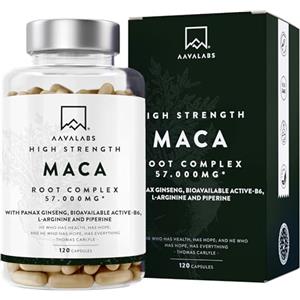 AAVALABS Maca Peruviana 57000mg | Estratto 100:1 di Black Maca Nera Extra Forte + 10:1 Maca Gialla con L-Arginina, Panax Ginseng Coreano, Vitamina B6 P5P, Pepe Nero - Integratore Uomo Donna - 120 Capsule