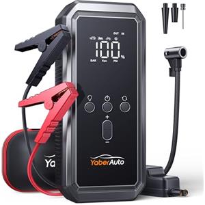 YaberAuto Booster Avviamento Auto con Compressore 150PSI 5000A 21800mAh, YaberAuto Avviatore Emergenza per Auto/Moto per 9.0L Gas/8.0L Diesel, 12V Starter Batteria con Ricarica Rapida 18W,Uscita DC 160W,Torcia