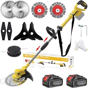 Fiutazge Decespugliatore a Batteria 21V, Tagliabordi a Batteria 4 In 1, con Spazzola per Erbacce e 2 Batterie 4,0 Ah Brushless Decespugliatore Elettrico per Rifinire Giardini, Prati e Arbusti (Giallo)