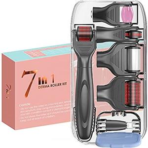 BOWKA Derma Roller Kit 7 in 1, rullo per gelato, con teste intercambiabili per ringiovanimento della pelle, cura del viso, anti-rughe, perdita di capelli, crescita della barba, massaggio (nero)
