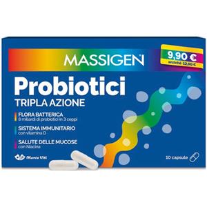 Massigen Probiotici Tripla Azione - Integratore Alimentare con 8 Miliardi di Fermenti Lattici, Niacina e Vitamina D, 10 Capsule