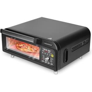 Genius Chef - Forno elettrico per pizza 10 in 1, 8 pezzi, 400°C, 2000 Watt, aria condizionata, bistecchiera, pietra per pizza e pala per pizza inclusi, 4 modalità, mantiene caldo con 3 vetri