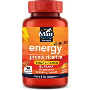 Matt, Energy Gummies, Pastiglie Gommose Pronta Ricarica a Base di Guaranà, Eleuterococco e Vitamine del Gruppo B, Integratore Utile per Combattere Stanchezza e Mentale, Gusto Arancia, 90g