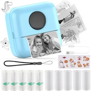HuiJuKeJi Mini Stampante Fotografica,Stampante Termica,immagine per foto, stampa di ricevute,stampante fotografica,con 10 rotoli di carta 1 adesivo per smartphone, per Fotografica Note Elenco Memo (Blue)