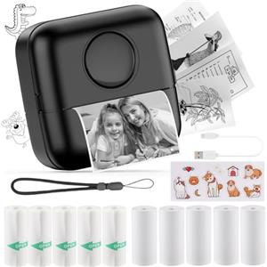 HuiJuKeJi Mini Stampante Fotografica,Stampante Termica,immagine per foto, stampa di ricevute,stampante fotografica,con 10 rotoli di carta 1 adesivo per smartphone, per Fotografica Note Elenco Memo (Black)