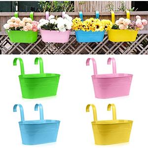 RIOGOO Vasi da fiori in ferro da appendere, vasi da giardino, balcone, fioriere in metallo, supporto per fiori da appendere alla parete, gancio rimovibile (4 pezzi) (grande)
