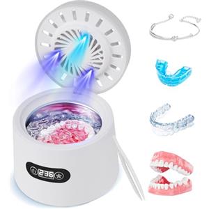 Gxpjycfob Pulitore ad Ultrasuoni per Protesi 45000Hz,UV Sterilizzazione,Funzione Di Asciugatura,3 Velocità,Pulitore Ultrasuoni per Bite,Pulitore a ultrasuoni U-V Per Allineatori Dentali,Anelli,Orecchini