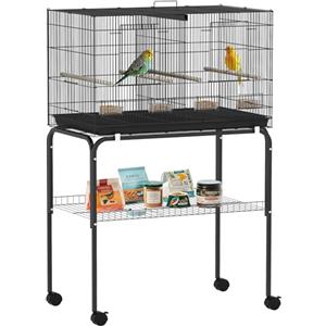 PawHut Gabbia per uccelli con divisorio Gabbia per uccelli con ruote per pappagalli Canarini Voliera con mangiatoia, posatoi e vassoio rimovibile 76x46x116 cm Nero