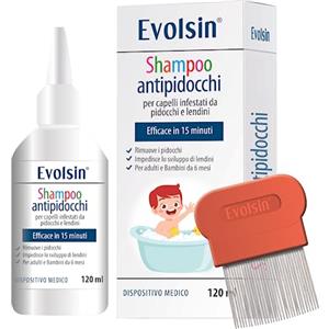 Evolsin Shampoo Pidocchi 120ml - Trattamento delicato con pettine per adulti e bambini, agisce in 15 minuti