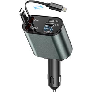 BOOTEEK 120W Retrattile Caricabatterie Auto 4 in 1 Adattatore Caricabatterie Auto con Cavi Retrattili e Display di Tensione, per Veicoli a 12/24 V, Compatibile con i Phone, Android, Samsung Galaxy