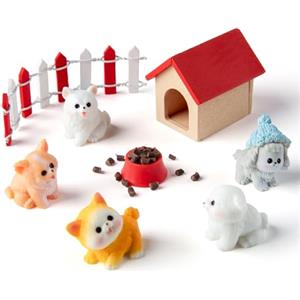 Minamzee 9 pezzi 1:12 Casa delle bambole in miniatura per cani, , mobili per casa delle bambole in miniatura, ciotola per cani, cibo per cani, 5 cuccioli carini e mini recinzione, per casa delle bambole