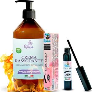 Ritalia Crema Anticellulite Rassodante Ritalia 500ml e Siero per Ciglia 7ml, con Acido Ialuronico, Pantenolo e Aloe Vera, Vegana, Senza Profumo, Trasparente