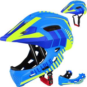 BILIPLE Casco da Bicicletta per Bambini, Caschi di Guida per Bimbo con Mentoniera Staccabile, Casco Integrale per Bambini e Adolescenti, Unisex 52-56 cm, per Balance Bike Scooter Roller Skates(Blu Giallo)