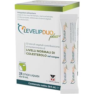 LevelipDUO Plus, integratore alimentare con steroli vegetali aggiunti, riso rosso fermentato, Olea europea e Vitamina B3. Per livelli di colesterolo normali nel sangue. 28 bustine Senza Glutine