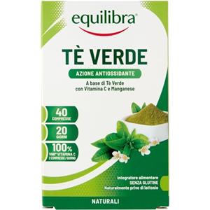 Equilibra Integratori Alimentari, Tè Verde, Integratore Antiossidante con Vitamina C e Manganese, Drenaggio dei Liquidi Corporei e Protezione delle Cellule dallo Stress Ossidativo, 40 Compresse