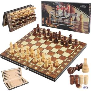Lrocotanc Scacchiera in Legno - Scacchiera 3 in 1 Magnetica - Set di Scacchi Pieghevole - Scacchi da Viaggio - Scacchi/Dama/Backgammon (29x29cm)