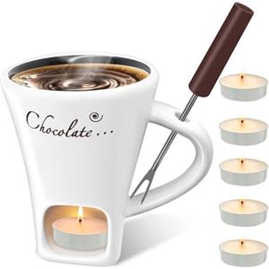 Dongcill - Set per fonduta di cioccolato in tazza, 200ml, Set di bicchieri per fonduta di cioccolato in ceramica, con forchetta e candela