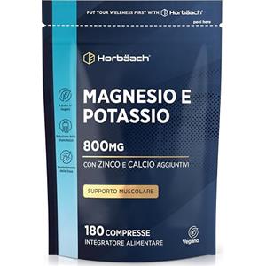 Horbäach Magnesio e Potassio + Zinco e Calcio | 180 Compresse Vegane per Oltre 6 Mesi | Magnesio Complex con Ferro, Vitamina B12 e Vitamina B6 | Magnesium Potassium Supplement | di Horbaach