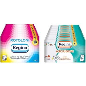 Regina Rotoloni Regina - 42 Maxi Rotoli di Carta Igienica, 500 Fogli a 2 veli+ Asciugoni Carta Cucina, 24 Rotoli a 2 veli, 100 strappi per rotolo