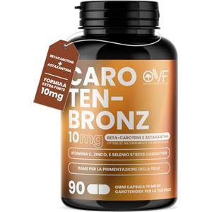 PARAFARMACIA, ORGANIC VITAMINS & FOOD OVF Betacarotene CarotenBronz 90 Cps, Integratore Abbronzatura con Astaxantina, Vitamina C, Zinco e Rame, 3 Mesi di Trattamento per Pelle Radiosa, Abbronzatura Uniforme e Protezione Antiossidante