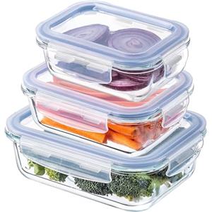 KADAX Contenitori per la Conservazione degli Alimenti in Vetro con Coperchi Ermetici e Sicuri per la Massima Freschezza del Cibo (Rettangolari, Set di 3)