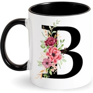 Tarklanda Iniziale Tazza con Fiori Tazza da caffè con Lettere Tazza di Porcellana Tazze Colazione Nero Personalizzata Regali per Donne, Moglie, Madre a Compleanno, Festa della Mamma, Natale (B)