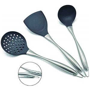 MARUKO Set di spatole wok, set di 3 utensili da cucina in silicone inox, include spatola wok flessibile in silicone, cucchiaio, cucchiaio scanalato (grigio)