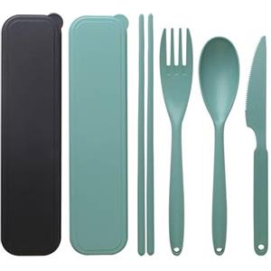 Faumsut Set di posate da viaggio di grandi dimensioni con custodia, set di posate in plastica riutilizzabile, set di bacchette portatile, coltello, forchetta e cucchiaio