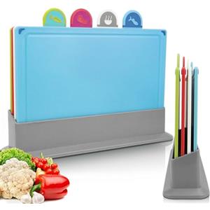BOCHION 4 Pezzi Tagliere da Cucina Colorati, Taglieri Cucina Antiscivolo con Supporto per Stoccaggio, Tagliere Polietilene con Icone Alimentari, Senza BPA, Facile Pulire e Antibatterico, Non Porosi