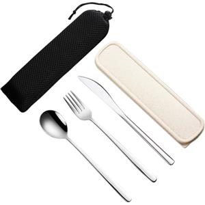 VANRA Set di 3 posate da viaggio portatili con valigetta in acciaio inox 18/8, set di posate riutilizzabili, con forchetta, cucchiaio, coltello per pranzo, viaggi, campeggio, scuola, lavoro, picnic