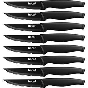 hecef Coltelli da Bistecca, 8 Pezzi Coltelli da Tavola Seghettati con Lmpugnatura Ergonomica, Set di coltelli da Carne in Ossido Nero, Coltelli da Bistecca Acciaio Inox, 12,7cm