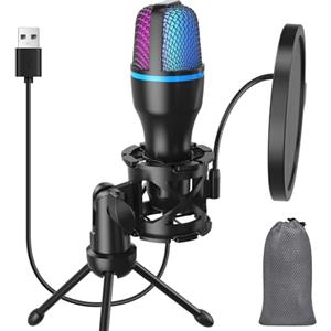 Hompower Microfono USB per Computer/PC Gaming - Microfono a Condensatore Cardioide Entry Level con Treppiede, Filtro Antipop, RGB, Perfetto per Streaming, Podcast, Registrazioni su YouTube, Skype