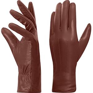 Harssidanzar Guanti in pelle da donna,fodera in pile caldo invernale Touchscreen Finitura vintageGL018EU,Cognac,taglia M