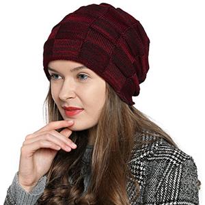 DonDon Berretto Donna Berretto Invernale Slouch Beanie Cuffia di Lana con Fodera in Pile - Rosso Scuro Nero