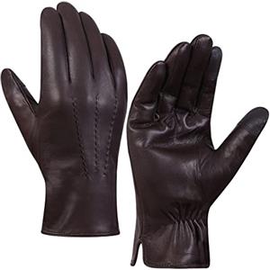 Harssidanzar Guanti in pelle da uomo, Fodere di vello Guanti invernali in pelle di capra, Touchscreen GM040EU, Marrone, taglia XS