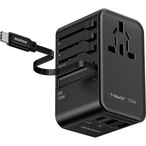 MOMAX Adattatore da Viaggio 70W GaN, Cavo dati integrato da 65cm Presa Universale da Viaggio adattatore internazionale Adattatore da Viaggio Italia Inghilterra Germania America Australia