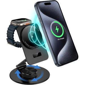 Aukvite Stazione di Ricarica Wireless per Apple, 2 in 1 Supporto di Ricarica Magsafe per iPhone 15/14/13/12, Caricatore iWatch per Apple Watch 9/8/7/6/SE/5/4/3/2 (Nero)