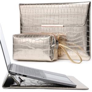 HYZUO 13 Pollici Donna Custodie per PC Portatili con Supporto per MacBook Air 13 M2 M1 A2681 2024-2018, MacBook Pro 13 M2 M1 A2686 2024-2016, con Borsa Accessori, Modello Coccodrillo Champagne-argento
