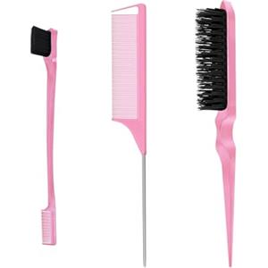 AQSQWQ 3 Pezzi Set di Spazzola Capelli, Doppio Bordo Pettine, Pettine a Coda Topo, Spazzola per i Bordi dei Capelli, Spazzola Pettini per Styling Capelli, per Casa, Parrucchieri, Rosa