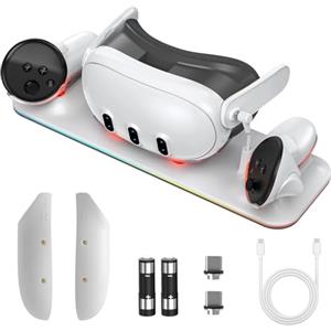 Olycism Stazione di ricarica compatibile con Meta Quest 3 Stand Display Caricatore con 2 Batterie Ricaricabili Stazione di Ricarica VR con Luce LED Accessori supporto per cuffie VR