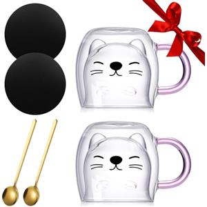 Yuragim Dolce Gatti Tazza Caffè Kawaii Tazza Doppia Parete Bicchieri Gatto Tè con Manico, Tazza Espresso con Cucchiaio Sottobicchiere Regalo di Compleanno per Le Donne Idee Natale, 2 Set