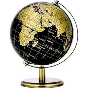 Exerz Mappamondo Nero e Oro 14cm, Mappa in Inglese,Mini Globo Geografico Educativo con Arco e Base in Bronzo, Elegante Decorazione e Strumento Didattico