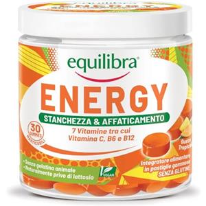 Equilibra Integratori Alimentari Energy, Integratore Multivitaminico in Pastiglie Gommose, Vitamina B12, B6 e C, Riduzione di Stanchezza e Affaticamento, Vegan, 30 Gummies Gusto Tropical