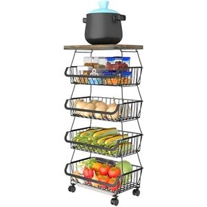 KLLsmDesign Cestini in filo metallico con ruote, organizer impilabile per cucina, bagno, ufficio, carrello per frutta e verdura, scaffale per stoviglie con piano in legno